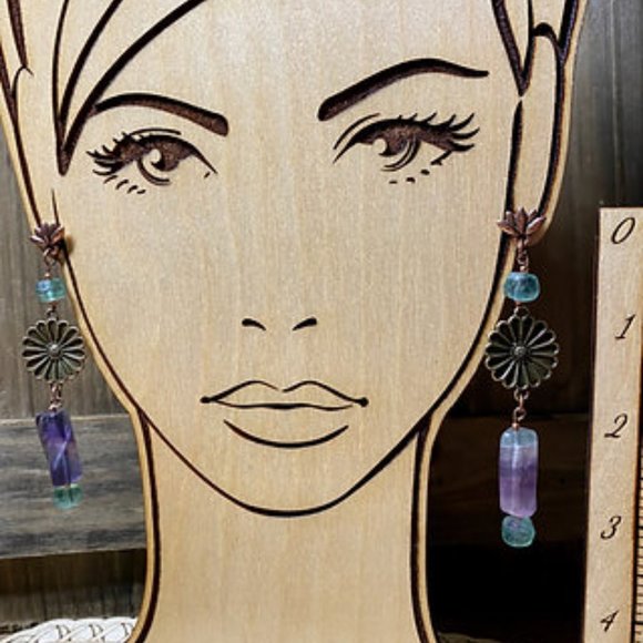 Rainbow Fluorite Flower Statement Copper Earrings - Picture 5 of 5